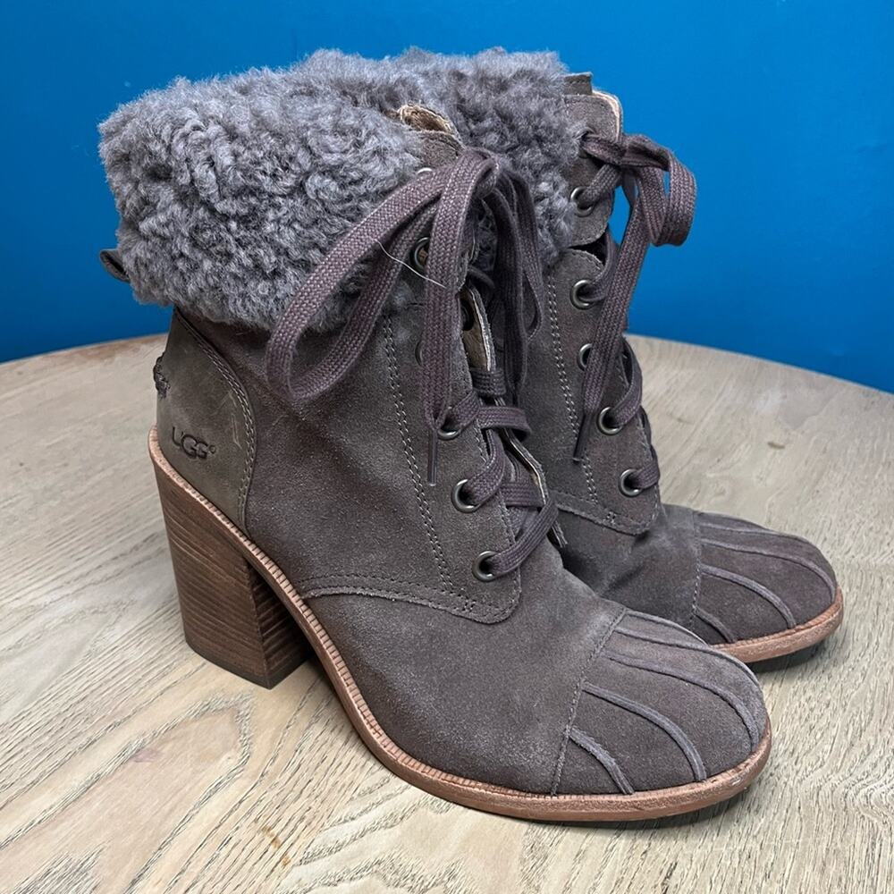 UGG Women's Brown Jaxon Suede Shearling Boot Lace Up Heeled Bootie Size 9.5